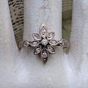 Antique Vintage Russian USSR Solid 14K Rose Pink White Gold Diamond Cluster Ring